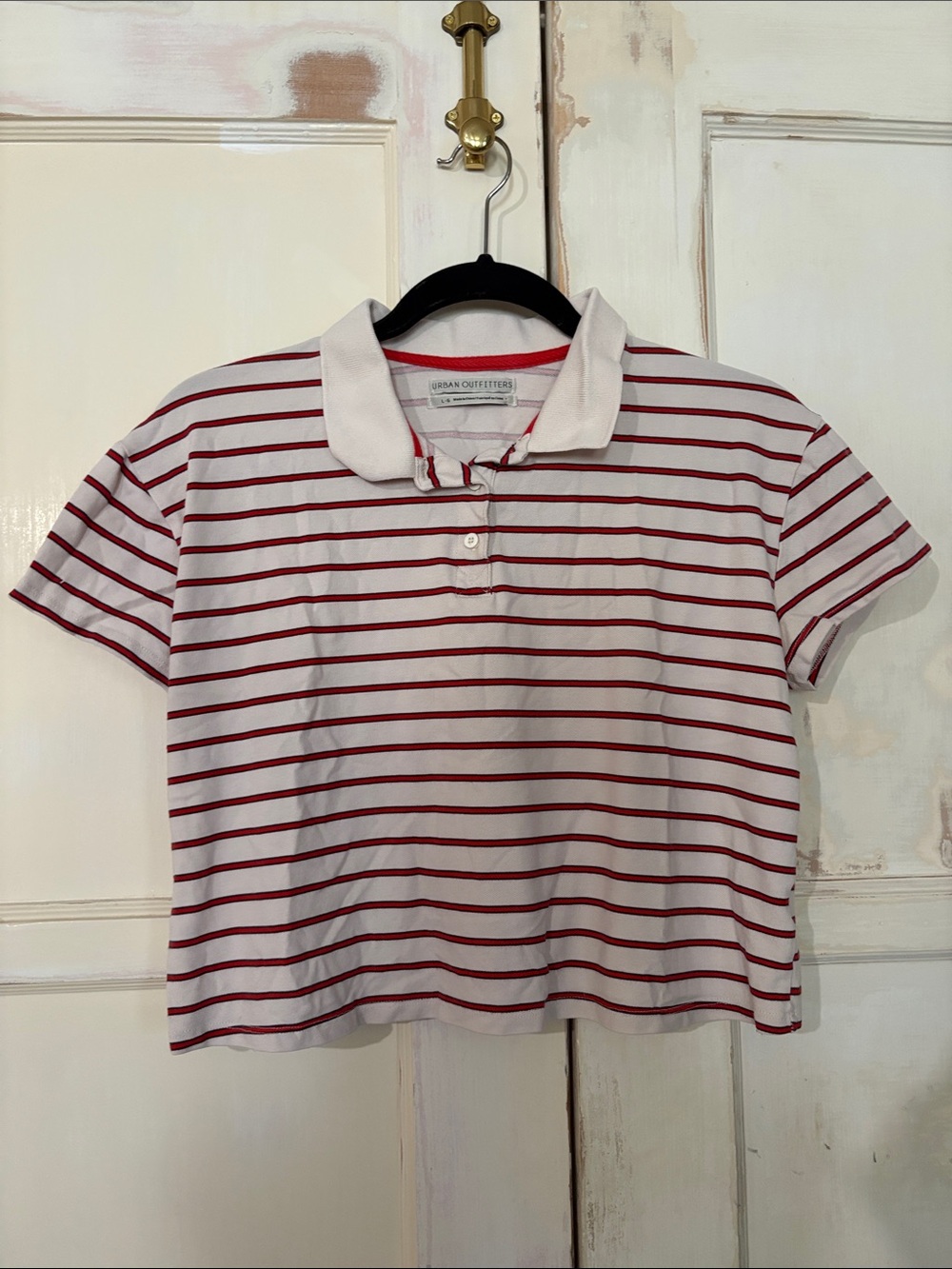 Urban Outfitters White and Red Striped Cropped Polo Tee